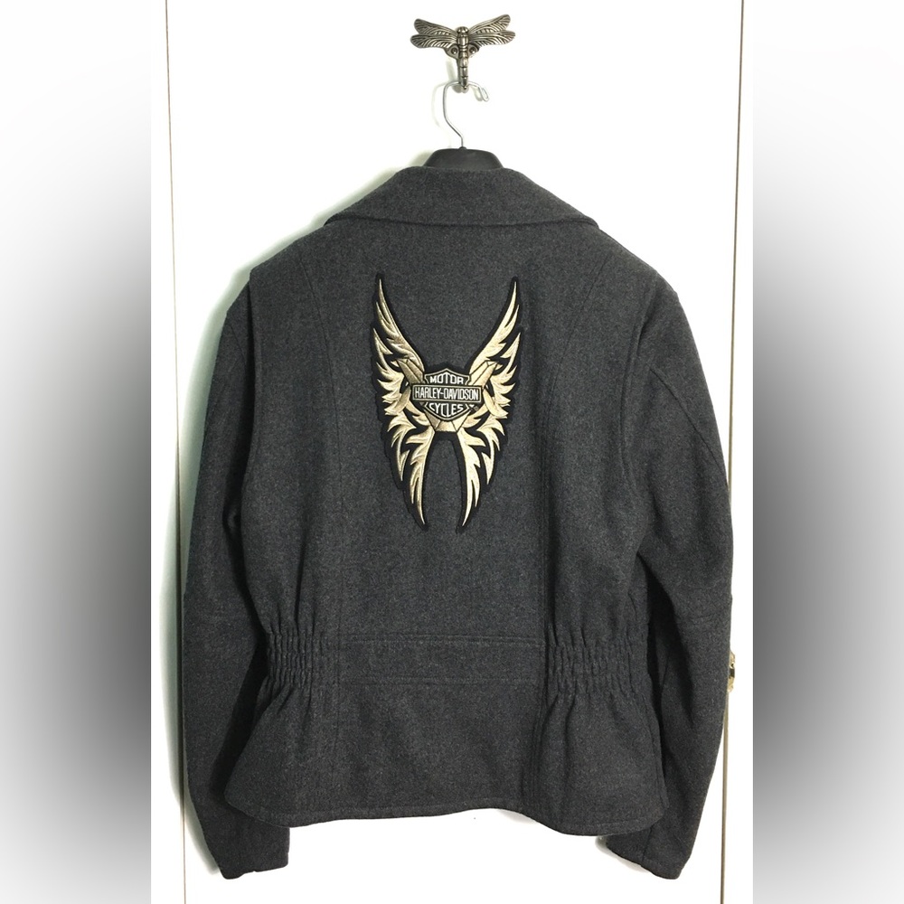 Harley-Davidson Gray Wool Moto Jacket with Embroidered HD Bar & Shield Detail.